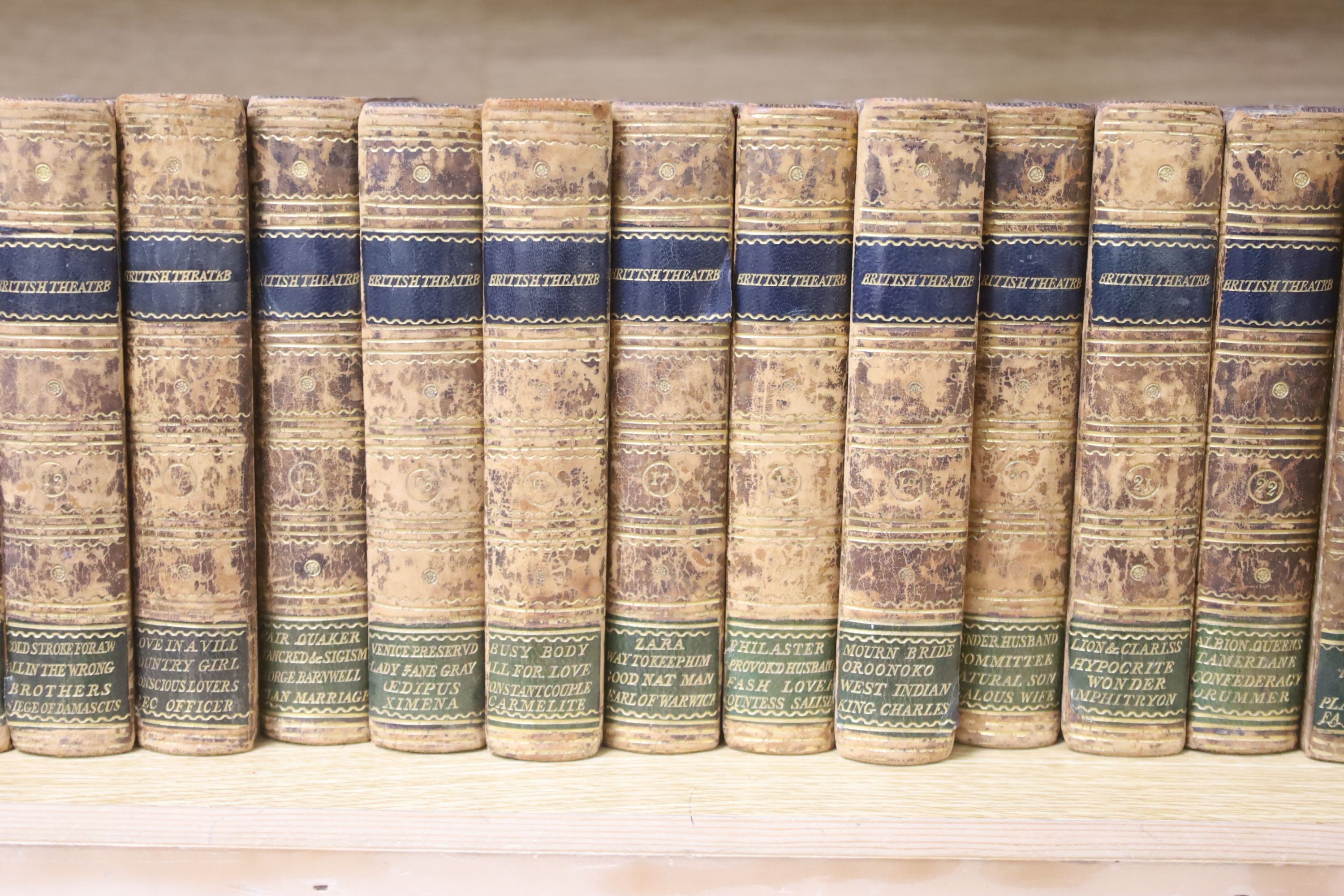 John Bell, British Theatre, 34 vols, 1791-1797, gilt-tooled tan calf, marbled end boards and a similarly-bound set of Bell's Minor Theatre